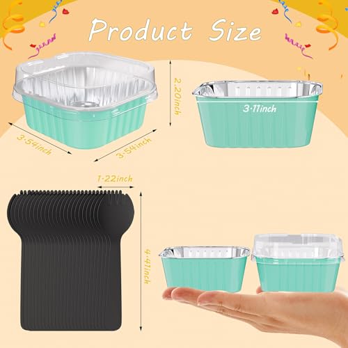 Ksmxos 25 Pack Square Mini Cake Pans with Lids,Mini Loaf Pans with Lids,Aluminum Foil Baking Cups,Disposable Ramekins Cupcake Cups,Dessert Cups for Wedding Birthday Party Picnics,5oz (Blue) - Image 2