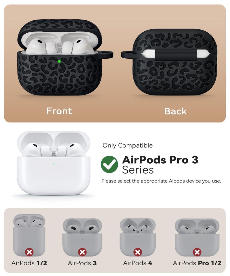 MCTOPZO Leopard Carving for AirPods Pro 3 Case 2025,Pattern Design Cute Soft Silicone Protective Cover for Man/Women/Girly - with Keychain &Cleaning Kit (Black) - Image 2