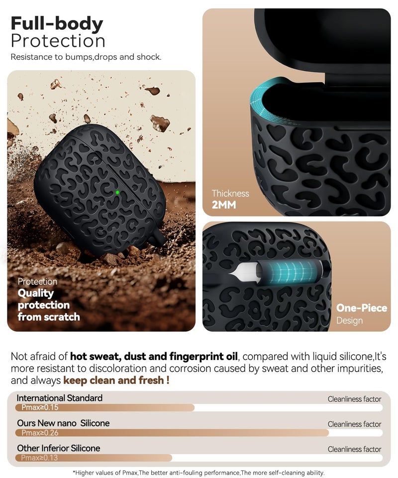 MCTOPZO Leopard Carving for AirPods Pro 3 Case 2025,Pattern Design Cute Soft Silicone Protective Cover for Man/Women/Girly - with Keychain &Cleaning Kit (Black) - Image 3