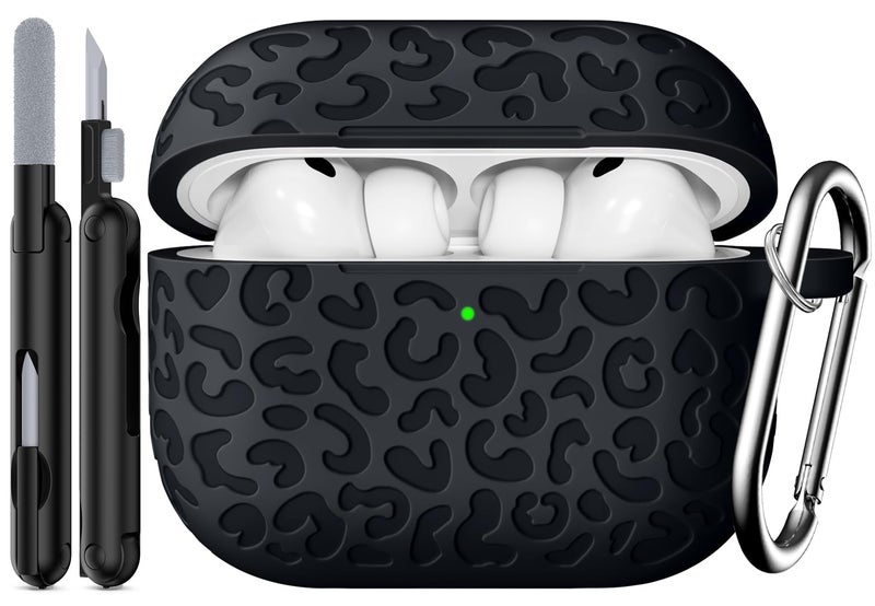 MCTOPZO Leopard Carving for AirPods Pro 3 Case 2025,Pattern Design Cute Soft Silicone Protective Cover for Man/Women/Girly - with Keychain &Cleaning Kit (Black) - Image 1
