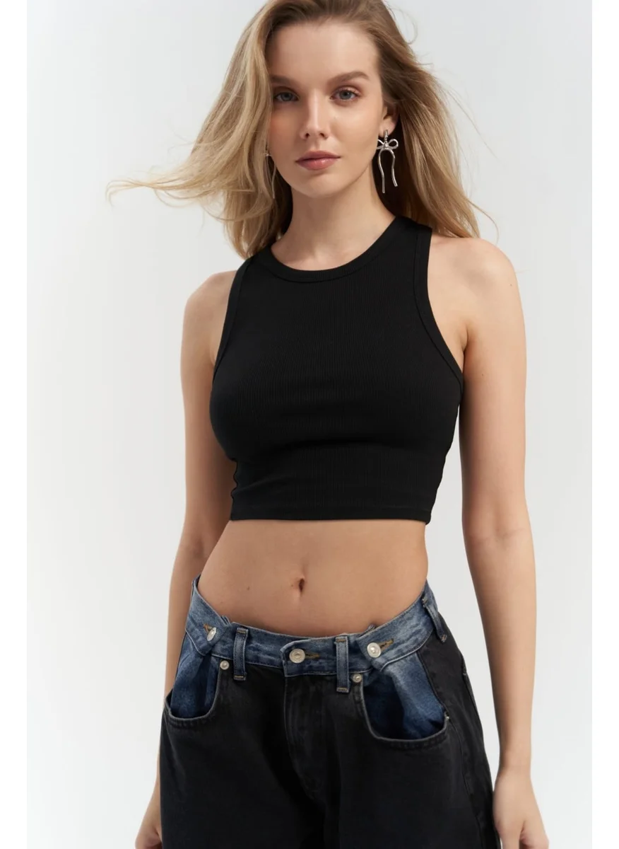 Mai Collection Fleur Ribbed Halter Neck Black Crop