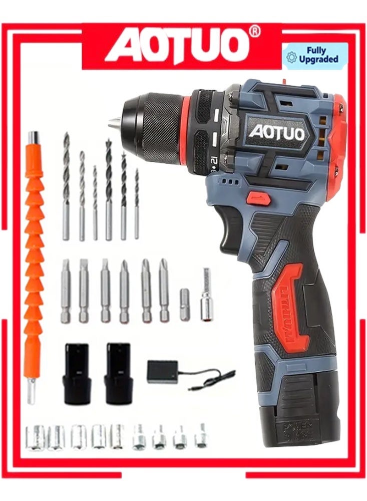 AOTUO 18V Cordless Drill Set, 28-piece Tool Set with Tool Case. This cordless drill set includes a drill, 2 batteries and a charger, as well as an electric screwdriver/drill/driver with 2 speed settings and 21 torque settings. A storage case is included. - Image 1