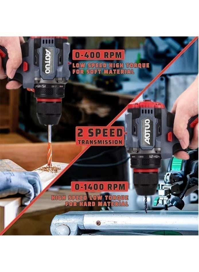 AOTUO 18V Cordless Drill Set, 28-piece Tool Set with Tool Case. This cordless drill set includes a drill, 2 batteries and a charger, as well as an electric screwdriver/drill/driver with 2 speed settings and 21 torque settings. A storage case is included. - Image 3