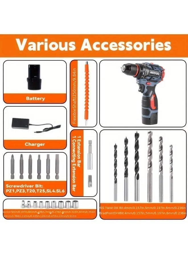 AOTUO 18V Cordless Drill Set, 28-piece Tool Set with Tool Case. This cordless drill set includes a drill, 2 batteries and a charger, as well as an electric screwdriver/drill/driver with 2 speed settings and 21 torque settings. A storage case is included. - Image 2