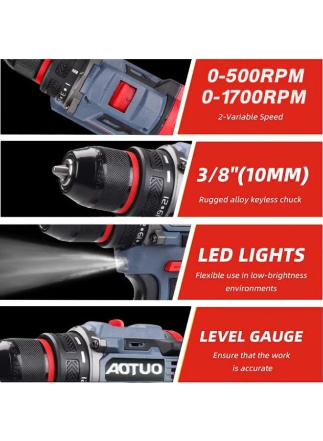 AOTUO 18V Cordless Drill Set, 28-piece Tool Set with Tool Case. This cordless drill set includes a drill, 2 batteries and a charger, as well as an electric screwdriver/drill/driver with 2 speed settings and 21 torque settings. A storage case is included. - Image 4