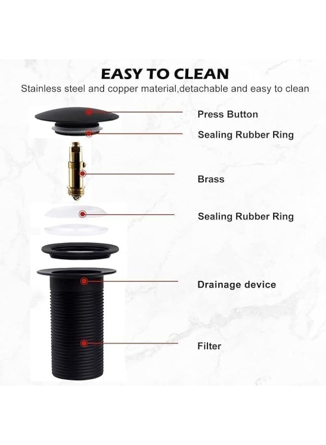 Biella Basin Sink Waste Unslotted Modern Pop Up Click Clack Nickel Plated Sprung Plug, Bathroom Sink Stopper (Black) - Image 3