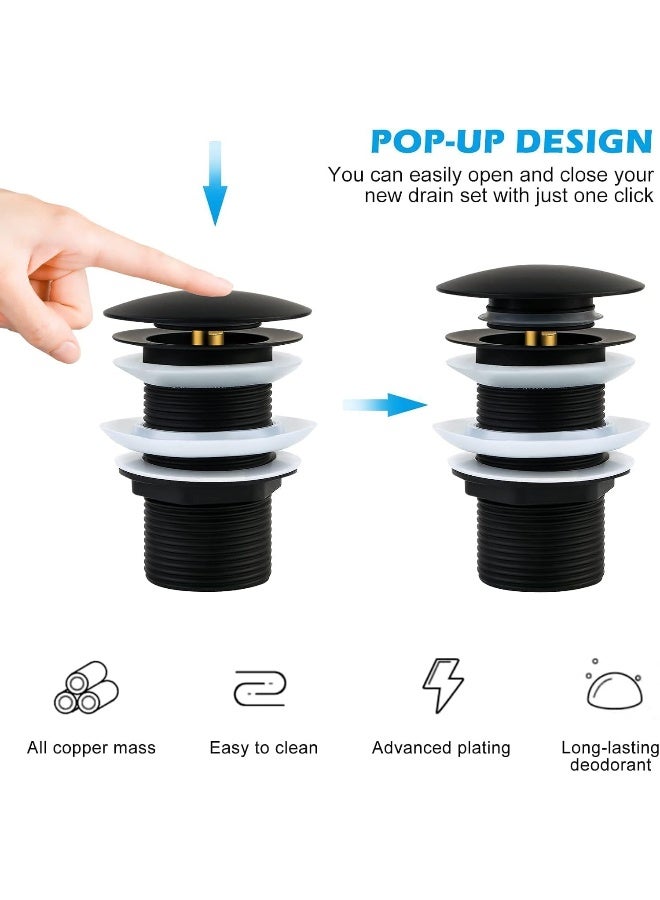 Biella Basin Sink Waste Unslotted Modern Pop Up Click Clack Nickel Plated Sprung Plug, Bathroom Sink Stopper (Black) - Image 5