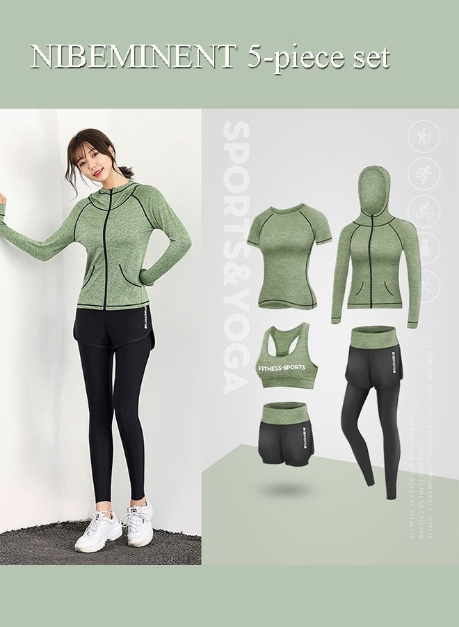 NIBEMINENT طقم ملابس رياضية للنساء مكون من 5 قطع، ملابس يوغا، سراويل ضيقة عالية الخصر، سريعة الجفاف، أكمام قصيرة، طقم ملابس يوغا، جري، بدلة رياضية للصالة الرياضية - Image 1