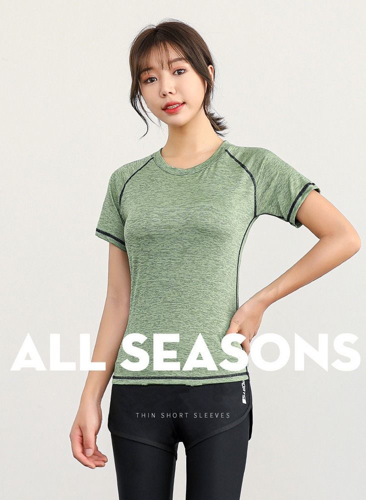 NIBEMINENT طقم ملابس رياضية للنساء مكون من 5 قطع، ملابس يوغا، سراويل ضيقة عالية الخصر، سريعة الجفاف، أكمام قصيرة، طقم ملابس يوغا، جري، بدلة رياضية للصالة الرياضية - Image 4