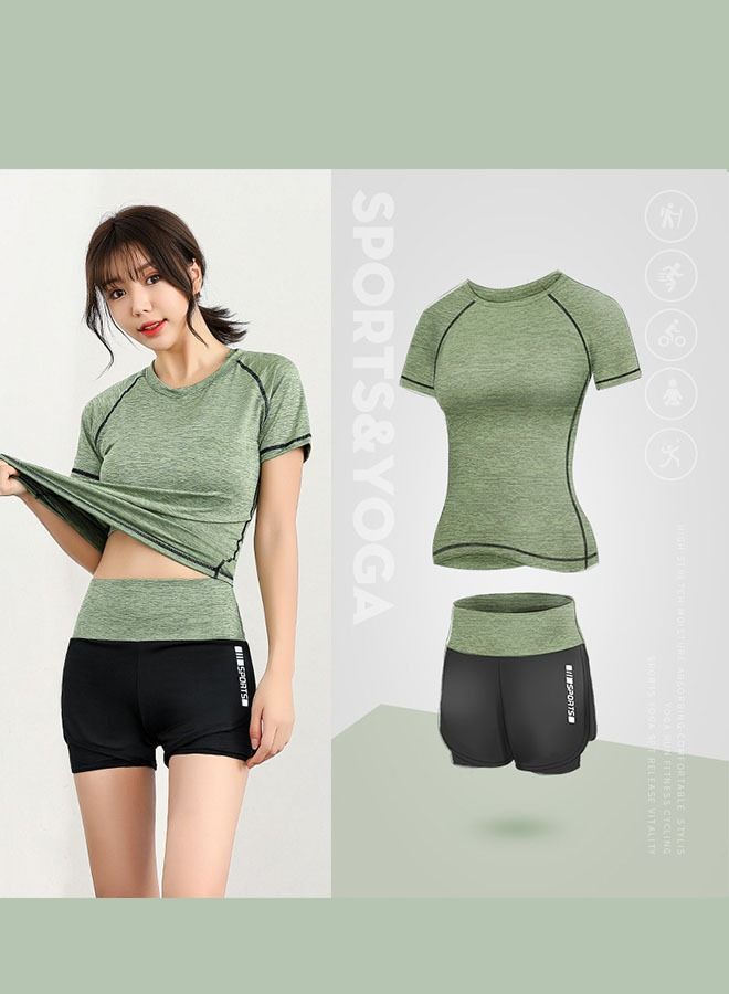 NIBEMINENT طقم ملابس رياضية للنساء مكون من 5 قطع، ملابس يوغا، سراويل ضيقة عالية الخصر، سريعة الجفاف، أكمام قصيرة، طقم ملابس يوغا، جري، بدلة رياضية للصالة الرياضية - Image 5