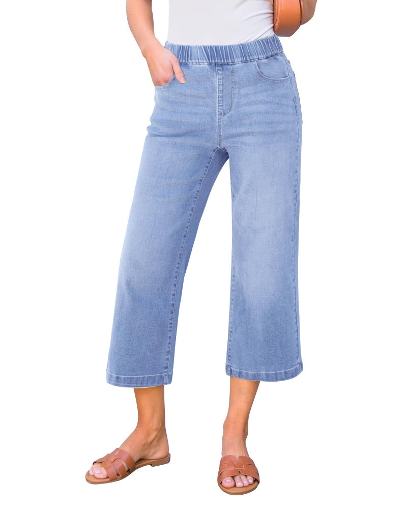 GRAPENT Womens Capri Pants for Summer Women Capri Pants for Summer Denim Jeans Womens Wide Leg Cropped Baggy Jeans High Waist Denim Capris Color Powder Blue Large Size 12 to 14 - Image 1