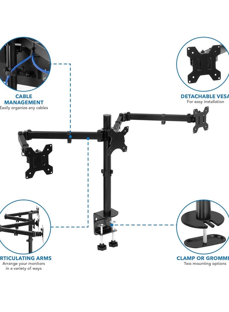 ELTRAZONE Triple Monitor Desk Mount – 3 Screen Stand with Clamp & Grommet Base, Fits 24", 27", 32" Displays, Universal VESA 75x75 & 100x100 - Image 3