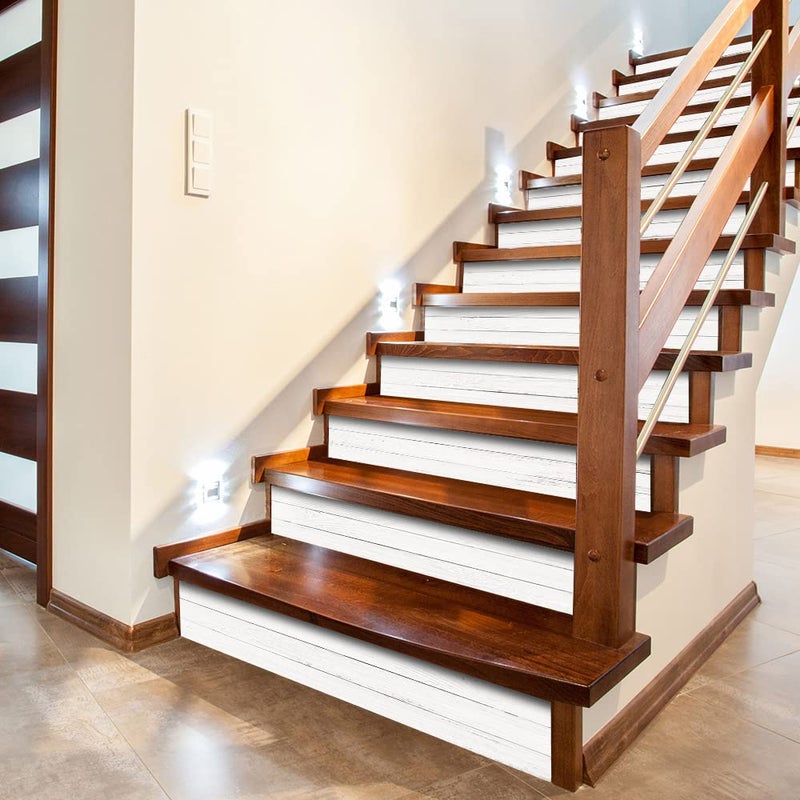 funlife 13Pcs Farmhouse Style PVC Stair Sticker, Peel and Stick Staircase Decals, Self-Adhesive Waterproof Stair Riser Stickers for Home loft Apartment Decor, 39.37"x7.09" Weathered Rustic White Wood - Image 1