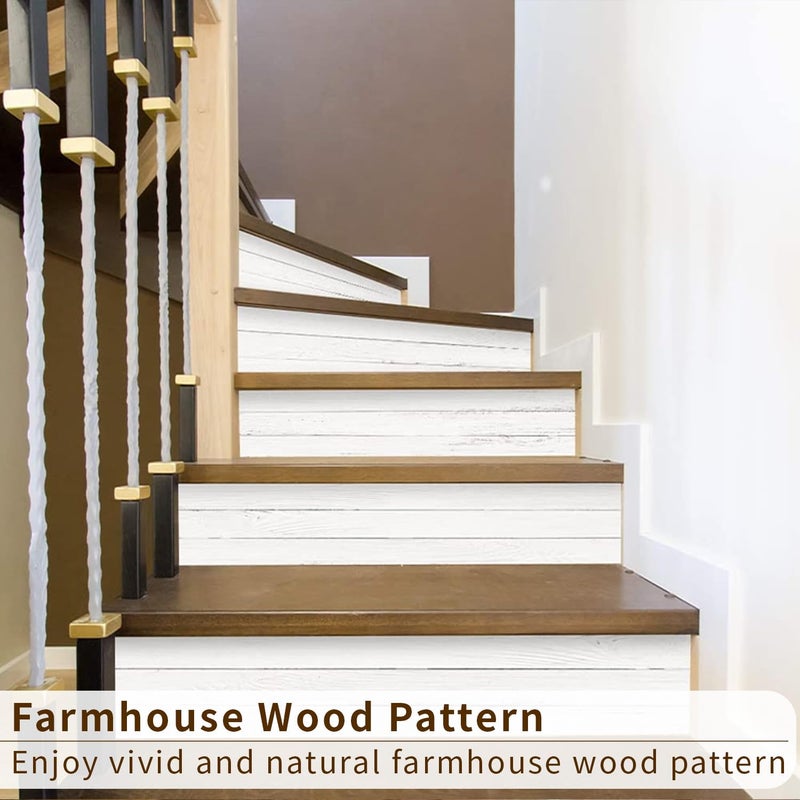 funlife 13Pcs Farmhouse Style PVC Stair Sticker, Peel and Stick Staircase Decals, Self-Adhesive Waterproof Stair Riser Stickers for Home loft Apartment Decor, 39.37"x7.09" Weathered Rustic White Wood - Image 2