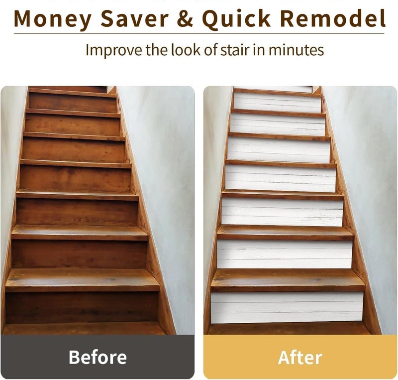 funlife 13Pcs Farmhouse Style PVC Stair Sticker, Peel and Stick Staircase Decals, Self-Adhesive Waterproof Stair Riser Stickers for Home loft Apartment Decor, 39.37"x7.09" Weathered Rustic White Wood - Image 4