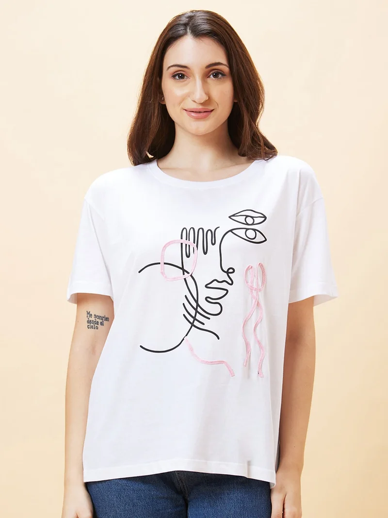 globus Globus Women Abstract Printed Pure Cotton Oversized T-Shirt