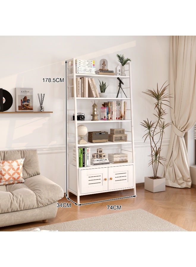 White Ladder Bookshelf, 6-Tier Open Display Rack with Storage Cabinet, Modern Freestanding Shelf Unit for Living Room, Bedroom, Home Office, Kitchen, Industrial Bookcase with Sturdy Metal Frame & Wooden Shelves, Tall Storage Organizer Shelf for Books, Plants, Decor（SGG051-White） - Image 2