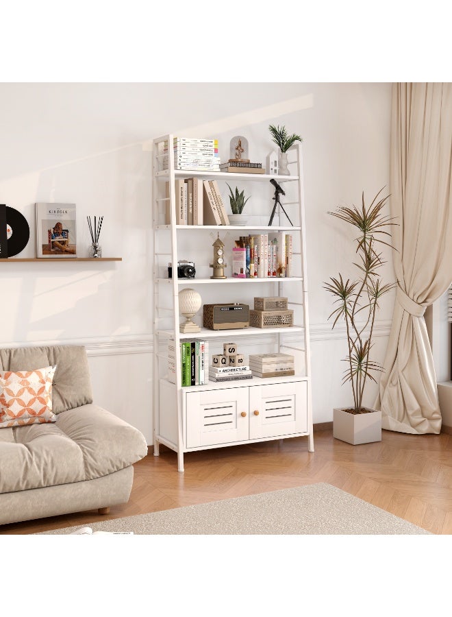White Ladder Bookshelf, 6-Tier Open Display Rack with Storage Cabinet, Modern Freestanding Shelf Unit for Living Room, Bedroom, Home Office, Kitchen, Industrial Bookcase with Sturdy Metal Frame & Wooden Shelves, Tall Storage Organizer Shelf for Books, Plants, Decor（SGG051-White） - Image 5