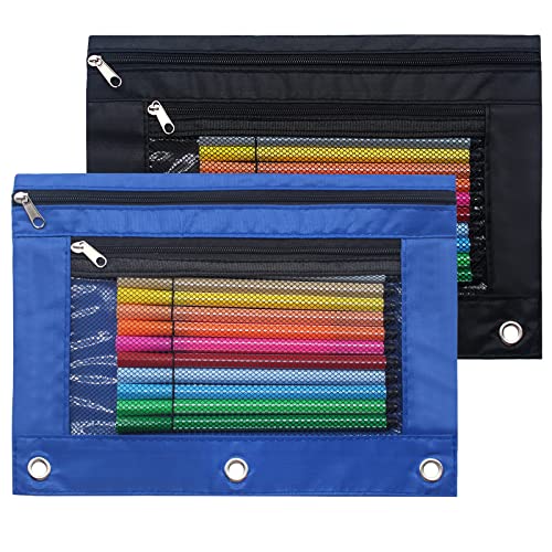 Cinvo Pencil Pouch 3 Ring Binder Pouch Zippered Pencil Case Canvas Pencil Bag with 2 Compartments (Set of 2, Black and Blue) - Image 1