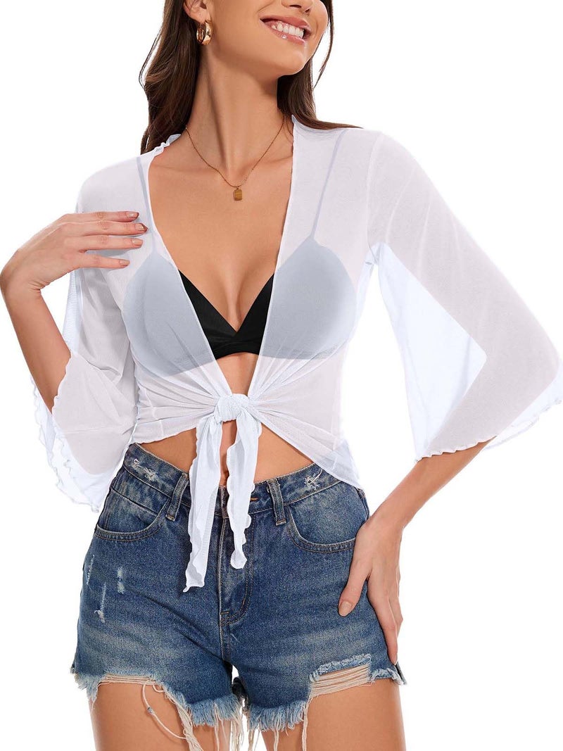 CHICGAL Women's Short Cardigan Bolero Shrug Sheer Tie Front Top 3/4 Sleeve Jacket for Dress (White,L) - Image 1