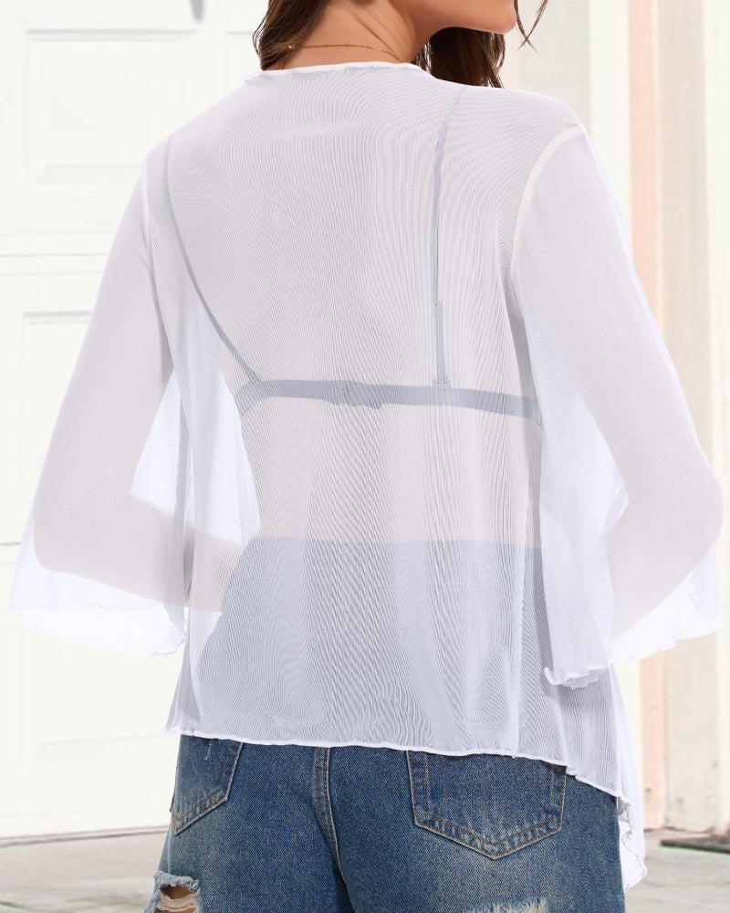 CHICGAL Women's Short Cardigan Bolero Shrug Sheer Tie Front Top 3/4 Sleeve Jacket for Dress (White,L) - Image 5