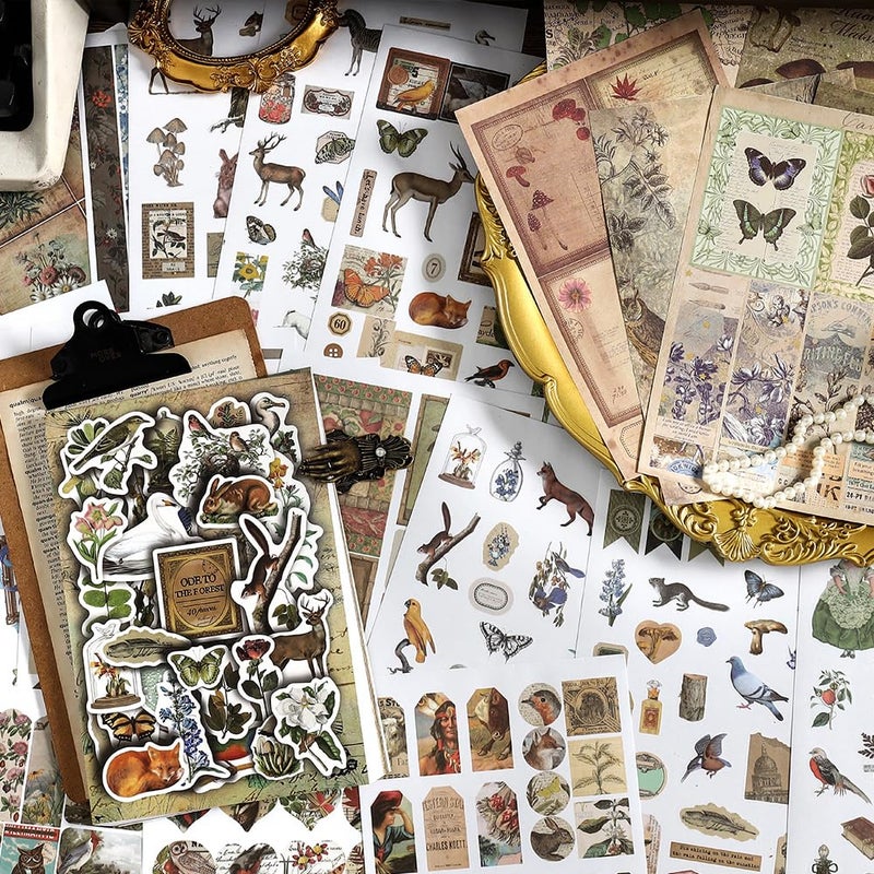 Prstincol Vintage Aesthetic Washi Stickers and Papers for Scrapbooking, 40 Sheets Ephemera Book for Art Journaling with Nature Forest Theme Stickers and Decoupage Papers for Junk Journal - Image 4