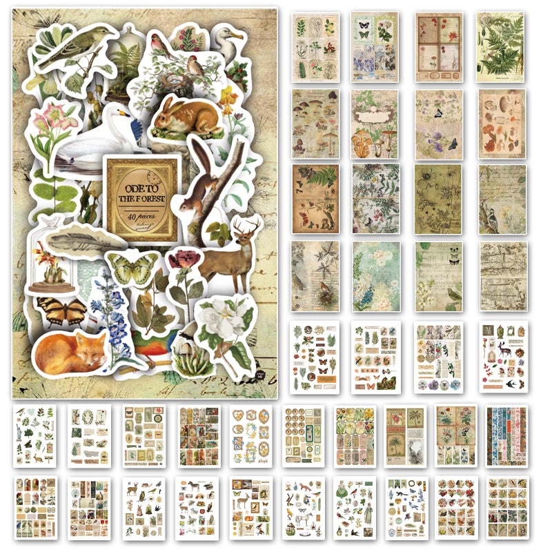 Prstincol Vintage Aesthetic Washi Stickers and Papers for Scrapbooking, 40 Sheets Ephemera Book for Art Journaling with Nature Forest Theme Stickers and Decoupage Papers for Junk Journal - Image 1