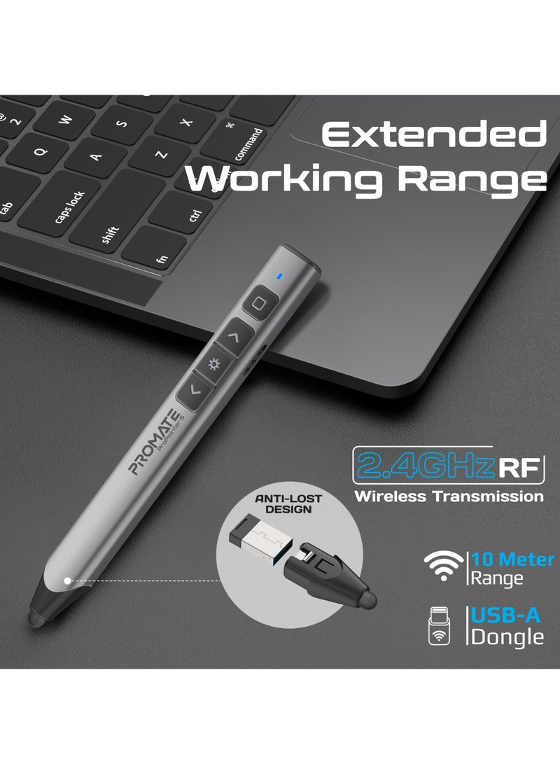 PROMATE 2-in-1 Wireless Presenter with Multifunctional Stylus, 2.4GHz RF Connectivity, Brilliant Green 200m Laser Pointer, 50m Range, One-Touch Control Grey - Image 5