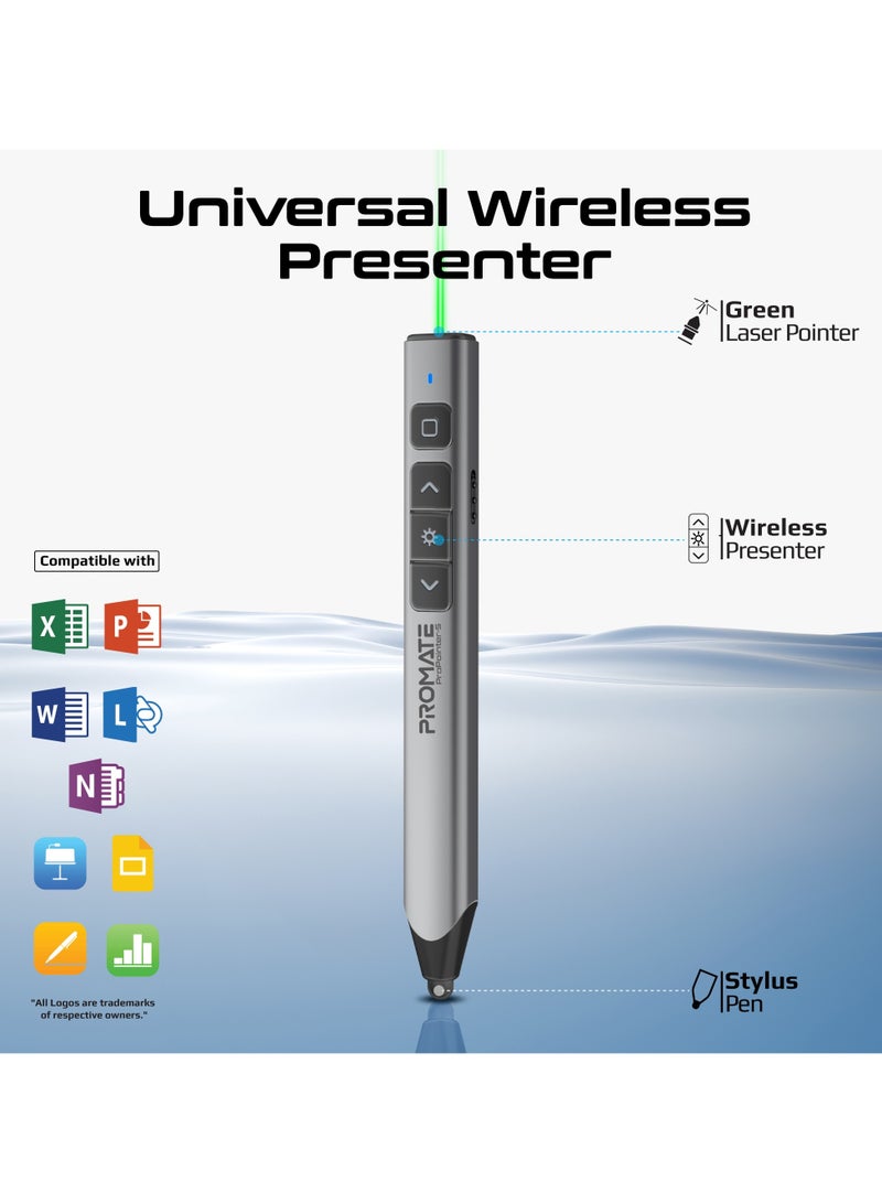 PROMATE 2-in-1 Wireless Presenter with Multifunctional Stylus, 2.4GHz RF Connectivity, Brilliant Green 200m Laser Pointer, 50m Range, One-Touch Control Grey - Image 2