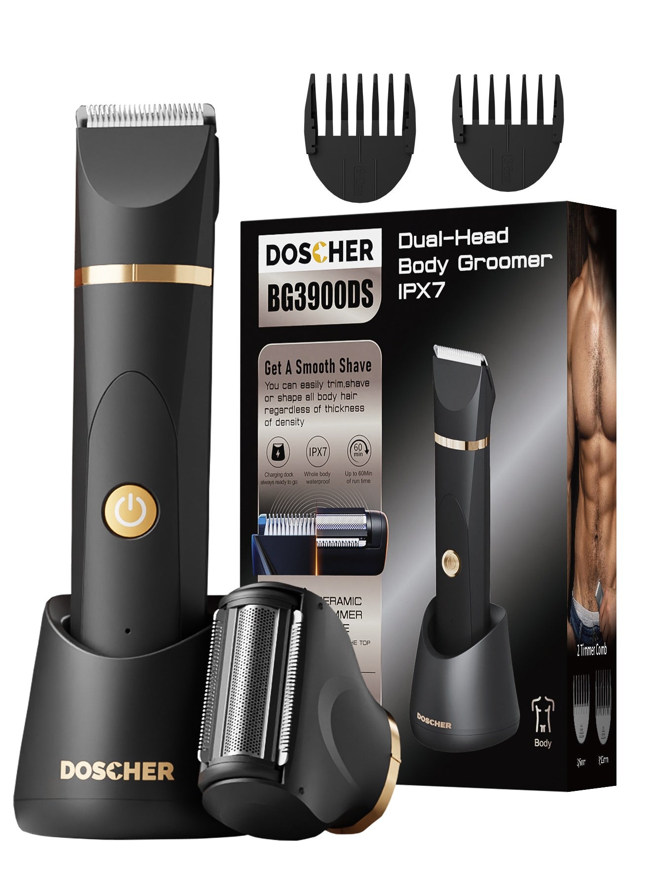 DOSCHER Body Hair Trimmer for Men,Men Groomer for Groin and Body - Wet/Dry  Ball Shaver Grooming, Replaceable Ceramic Blade Heads, Recharge Dock, Waterproof Razor 