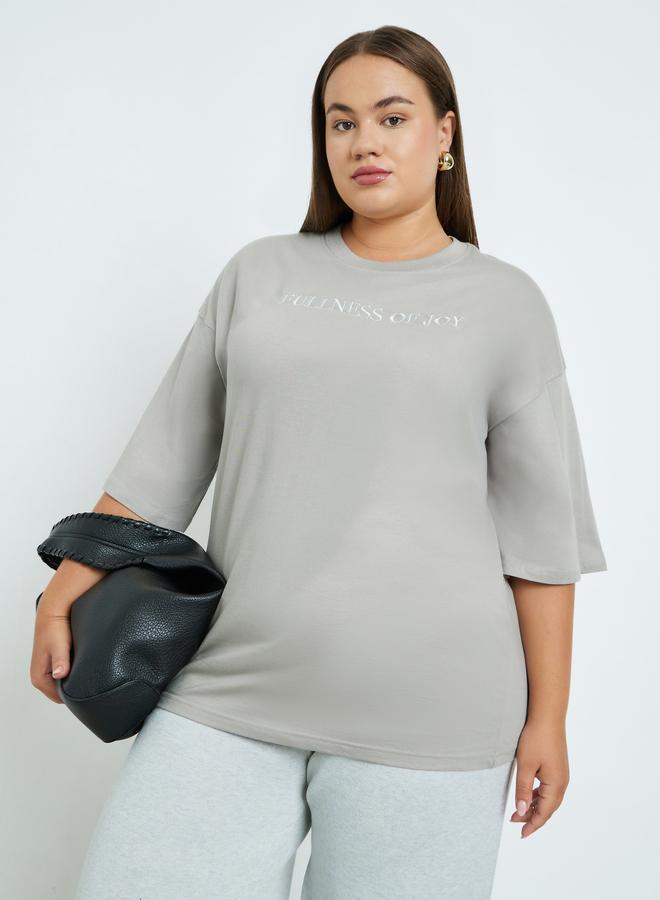 Styli Plus Size Grey Embroidered T-Shirt - Image 1
