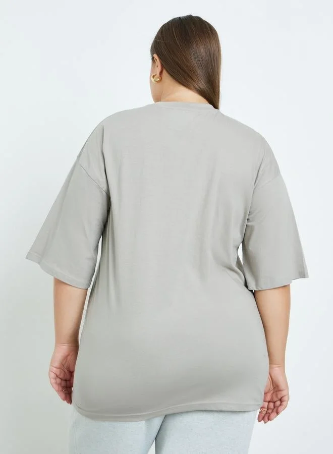 Styli Plus Size Grey Embroidered T-Shirt