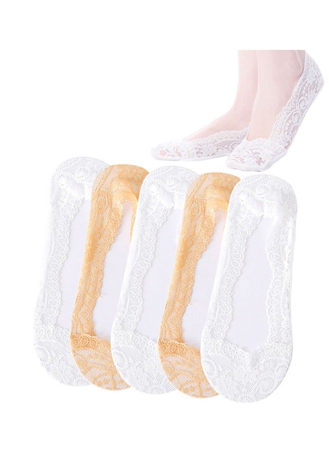 GUSGU 5 أزواج من الجوارب العارية انخفاض الجانب أحذية مسطحة غير مرئية بطانة الجوارب المضادة للانزلاق الدانتيل عارضة قارب جوارب عالية الكعب أحذية مسطحة للبنات - Image 1