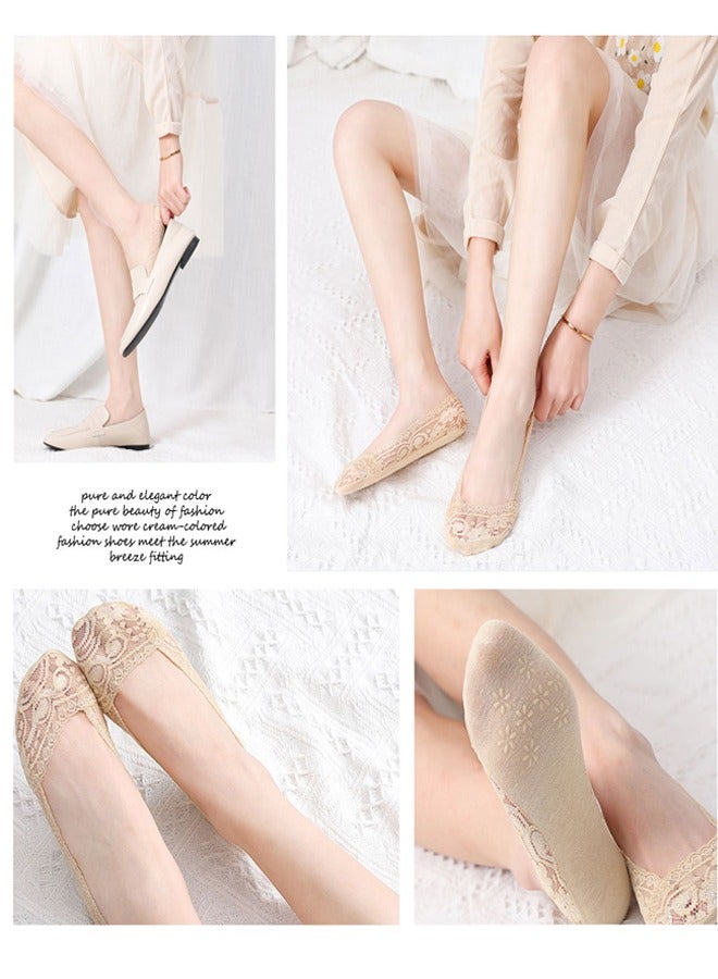 GUSGU 5 أزواج من الجوارب العارية انخفاض الجانب أحذية مسطحة غير مرئية بطانة الجوارب المضادة للانزلاق الدانتيل عارضة قارب جوارب عالية الكعب أحذية مسطحة للبنات - Image 3