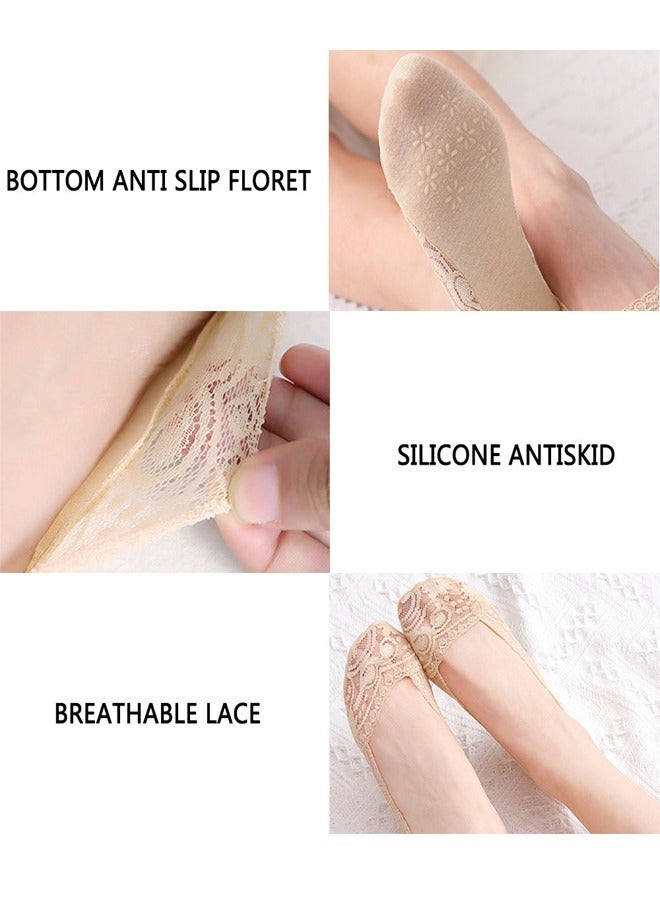 GUSGU 5 أزواج من الجوارب العارية انخفاض الجانب أحذية مسطحة غير مرئية بطانة الجوارب المضادة للانزلاق الدانتيل عارضة قارب جوارب عالية الكعب أحذية مسطحة للبنات - Image 4