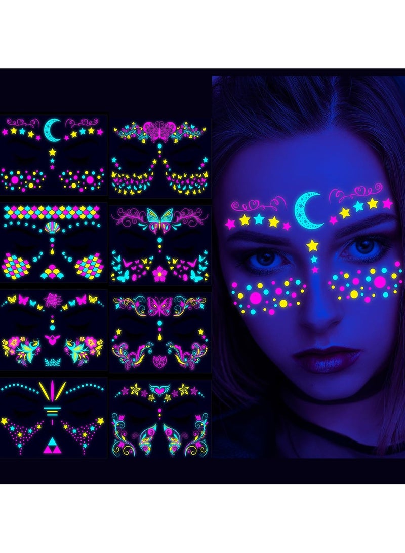 SYOSI SYOSI Luminous Face Tattoo Stickers Body Glow in the Dark Fluorescent Face Rhinestone Tattoo Temporary Tattoo Sparkly UV Neon Mask Tattoo Rave Festival Accessory Party (8 PCS) - Image 1
