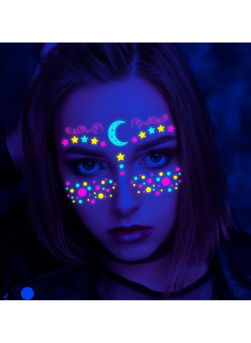 SYOSI SYOSI Luminous Face Tattoo Stickers Body Glow in the Dark Fluorescent Face Rhinestone Tattoo Temporary Tattoo Sparkly UV Neon Mask Tattoo Rave Festival Accessory Party (8 PCS) - Image 4
