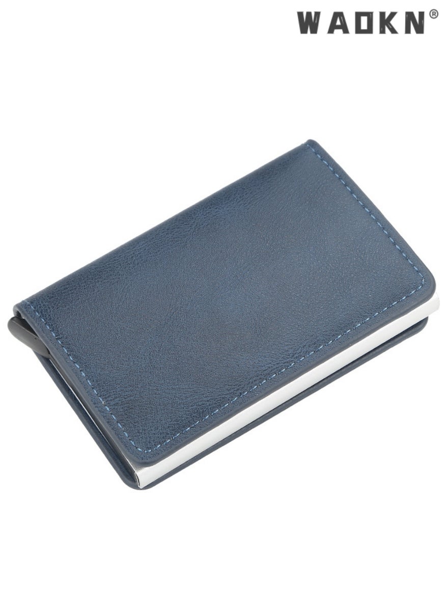 Leather Card Holder Wallet For Men And Women With Aluminum RFID Blocking Anti Theft Credit Card Holder With Automatic Pop up Metal Case Business Card Wallet Holds 7 cards (Royal Blue)