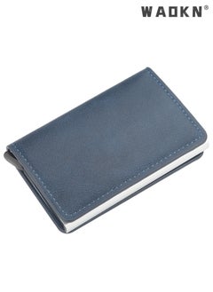 WAOKN Leather Card Holder Wallet For Men And Women With Aluminum RFID Blocking Anti Theft Credit Card Holder With Automatic Pop up Metal Case Business Card Wallet Holds 7 cards (Royal Blue)  - Image 1