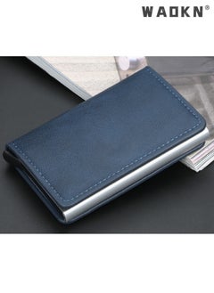 WAOKN Leather Card Holder Wallet For Men And Women With Aluminum RFID Blocking Anti Theft Credit Card Holder With Automatic Pop up Metal Case Business Card Wallet Holds 7 cards (Royal Blue)  - Image 2