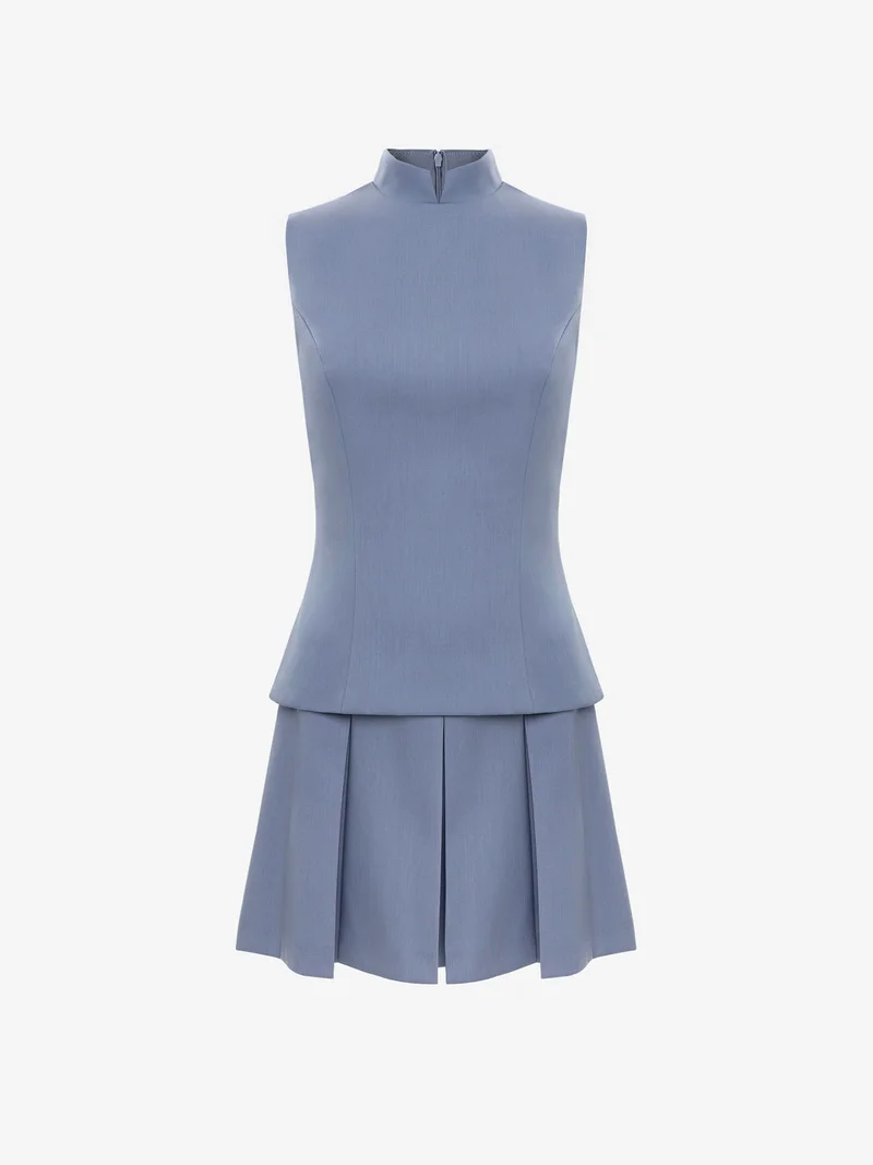 Lichi Mini dress with a stand-up collar and a pleated skirt