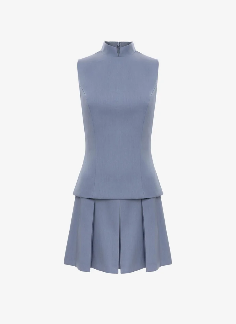 Lichi Mini dress with a stand-up collar and a pleated skirt