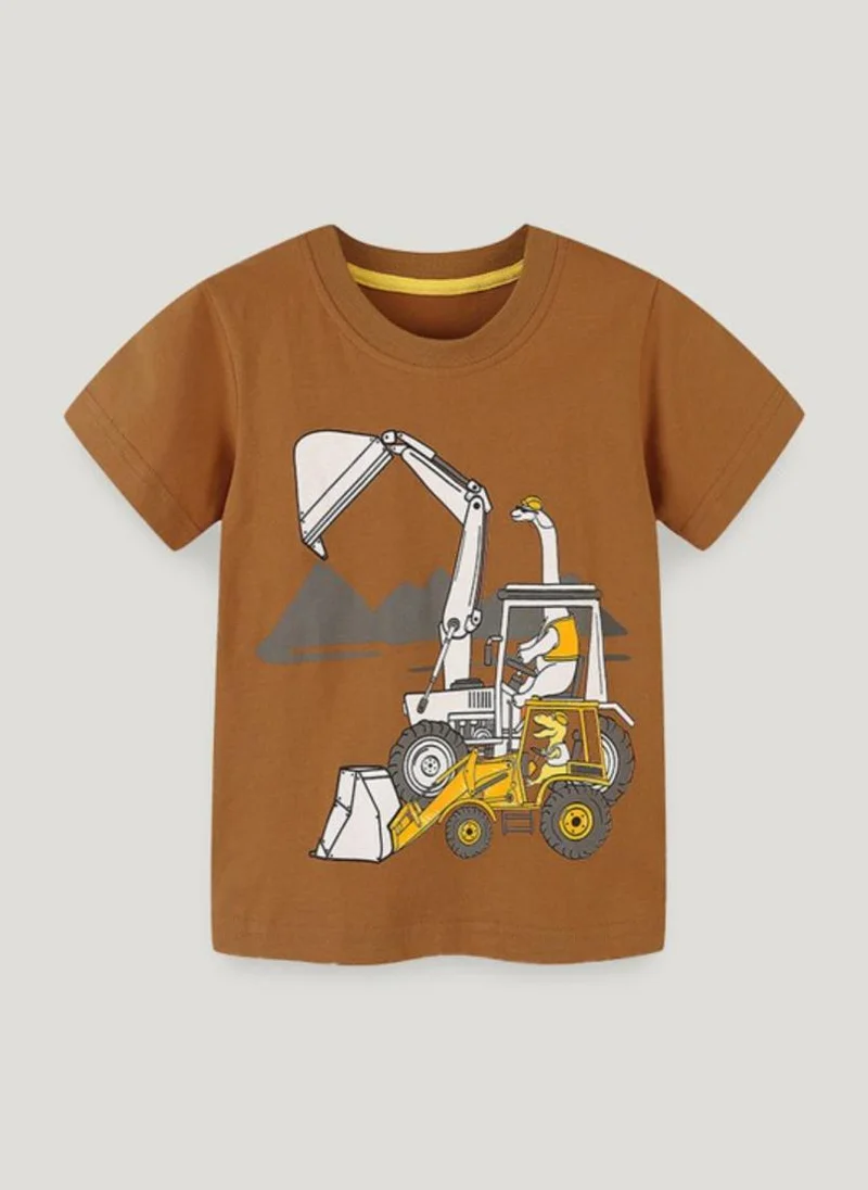 يونيكي Brown Printed Round Neck Cotton T-shirt