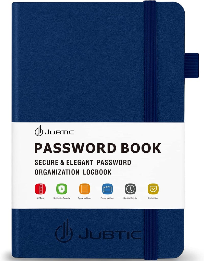 JUBTIC Password Book with Alphabetical Tabs Small Password Keeper with Inner Pocket Record Log in Internet Address Password Notebook Journal Hardcover Password Organizer for Home Office, Blue - Image 1