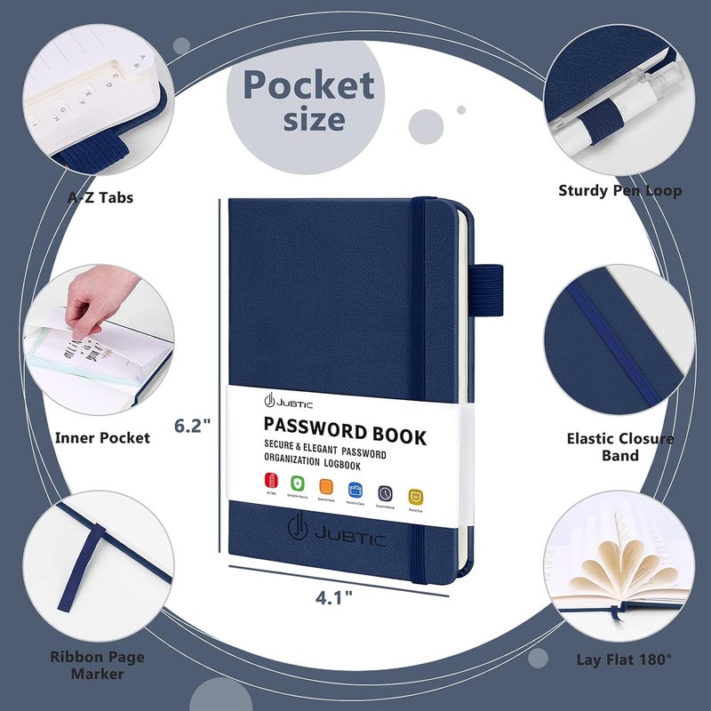 JUBTIC Password Book with Alphabetical Tabs Small Password Keeper with Inner Pocket Record Log in Internet Address Password Notebook Journal Hardcover Password Organizer for Home Office, Blue - Image 3