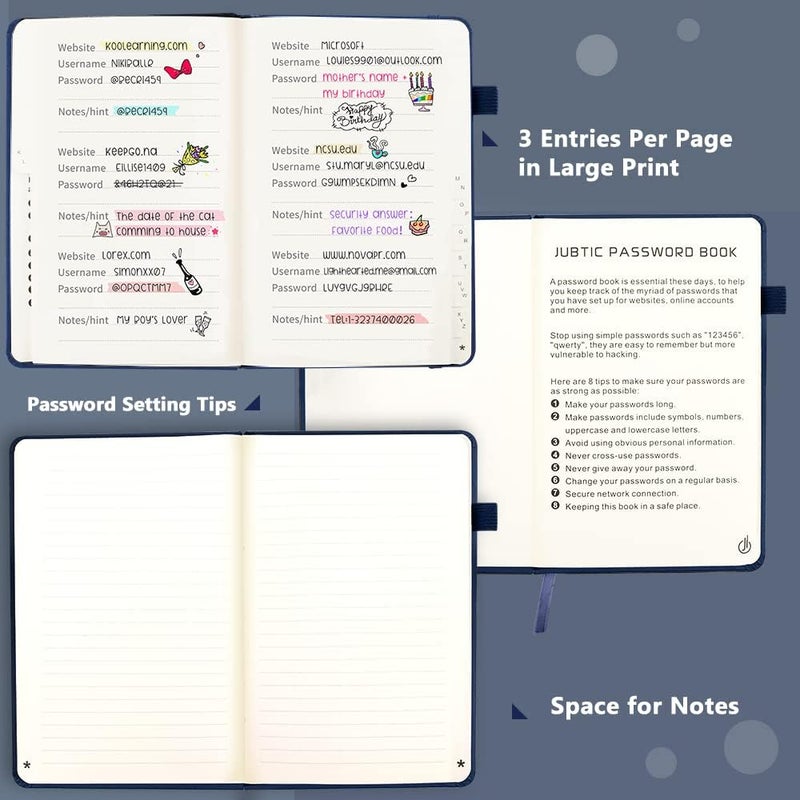 JUBTIC Password Book with Alphabetical Tabs Small Password Keeper with Inner Pocket Record Log in Internet Address Password Notebook Journal Hardcover Password Organizer for Home Office, Blue - Image 4
