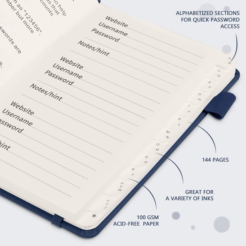 JUBTIC Password Book with Alphabetical Tabs Small Password Keeper with Inner Pocket Record Log in Internet Address Password Notebook Journal Hardcover Password Organizer for Home Office, Blue - Image 5