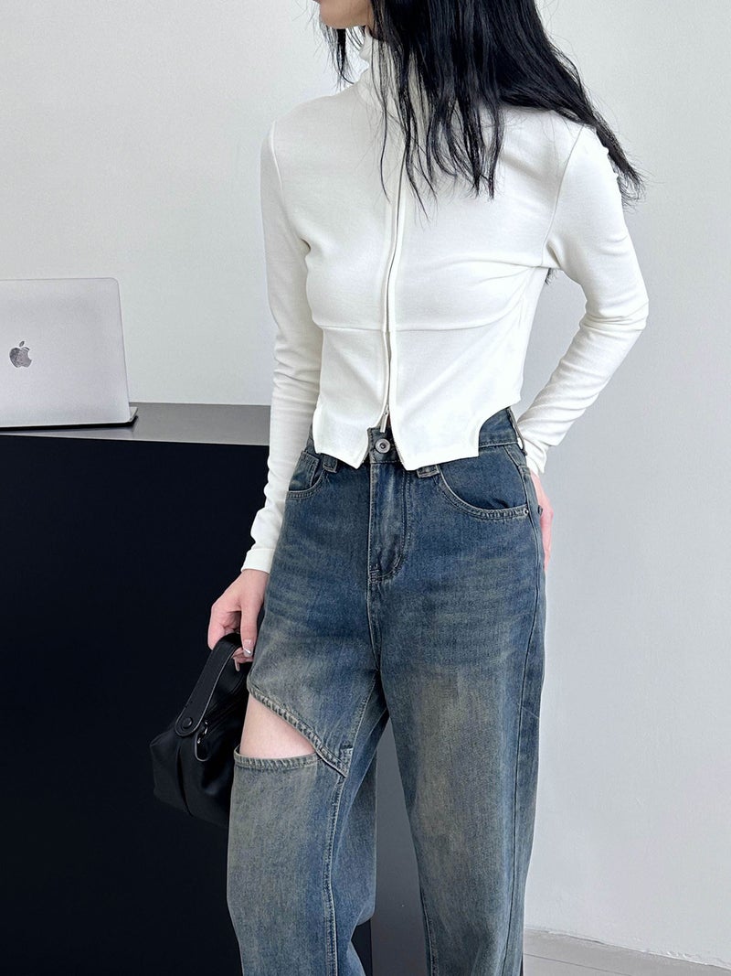 Ju Zhi Korean-Style Slim-Fit Long Sleeve Top – High Collar Urban Fashion - Image 1