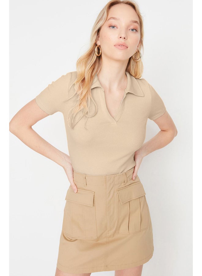 trendyol Beige Fitted Crop Polo Neck Ribbed Stretchy Knitted Blouse TWOSS21BZ0038 - Image 1