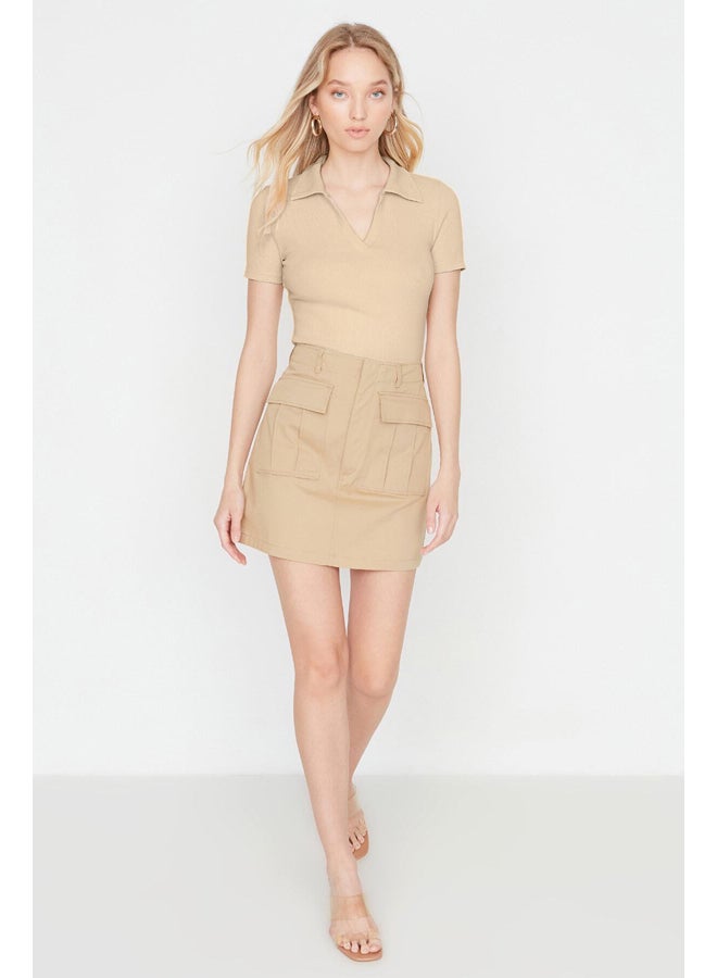 trendyol Beige Fitted Crop Polo Neck Ribbed Stretchy Knitted Blouse TWOSS21BZ0038 - Image 2